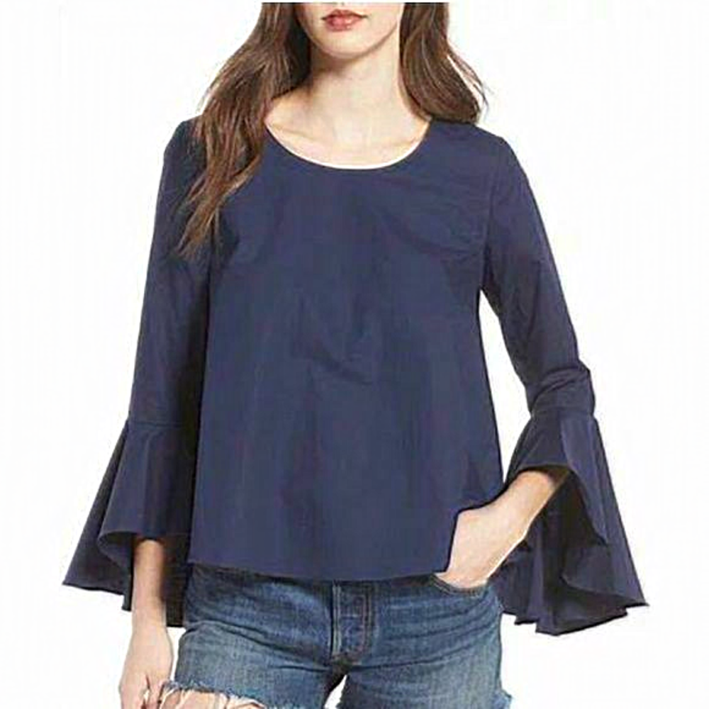 NWT SOPRANO ROYAL BLUE‎ 100% COTTON  RUFFLE LONG  SLEEVE BLOUSE SIZE LARGE